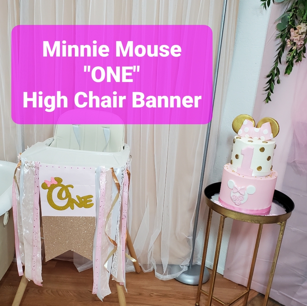 High chair banner first birthday girl Minnie Mouse pink One